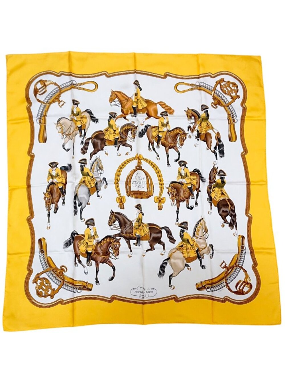 Hermes Carre 90 Reprise Ledoux Yellow Silk 100% Large Scarf